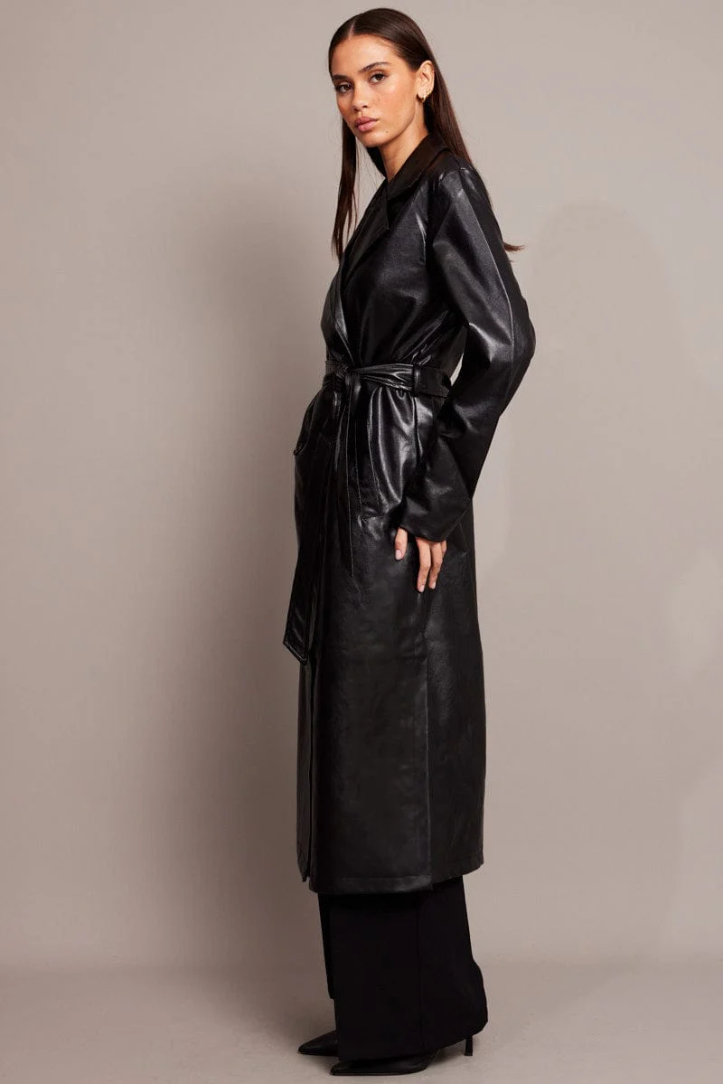 Black Trench Coat Long Sleeves Faux Leather - Image 4