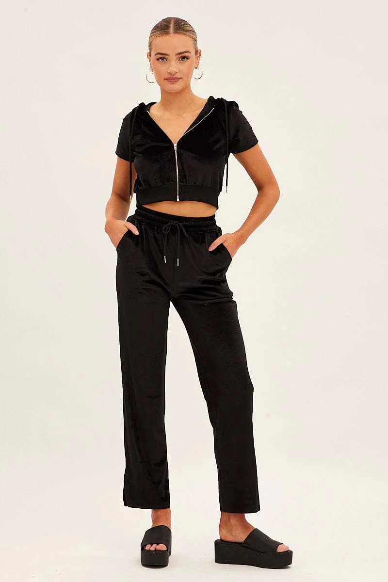 Black Velour Short Sleeve Zip Lounge Hoodie - Image 2