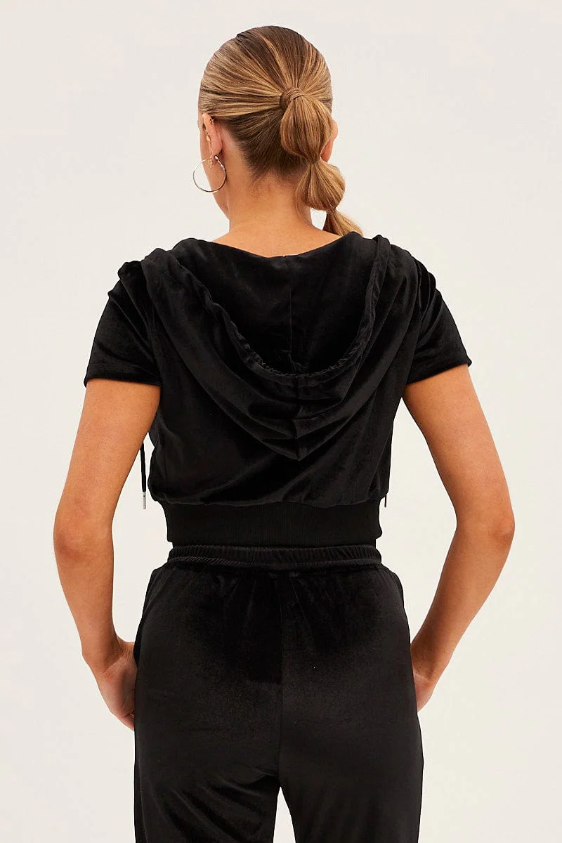 Black Velour Short Sleeve Zip Lounge Hoodie - Image 5