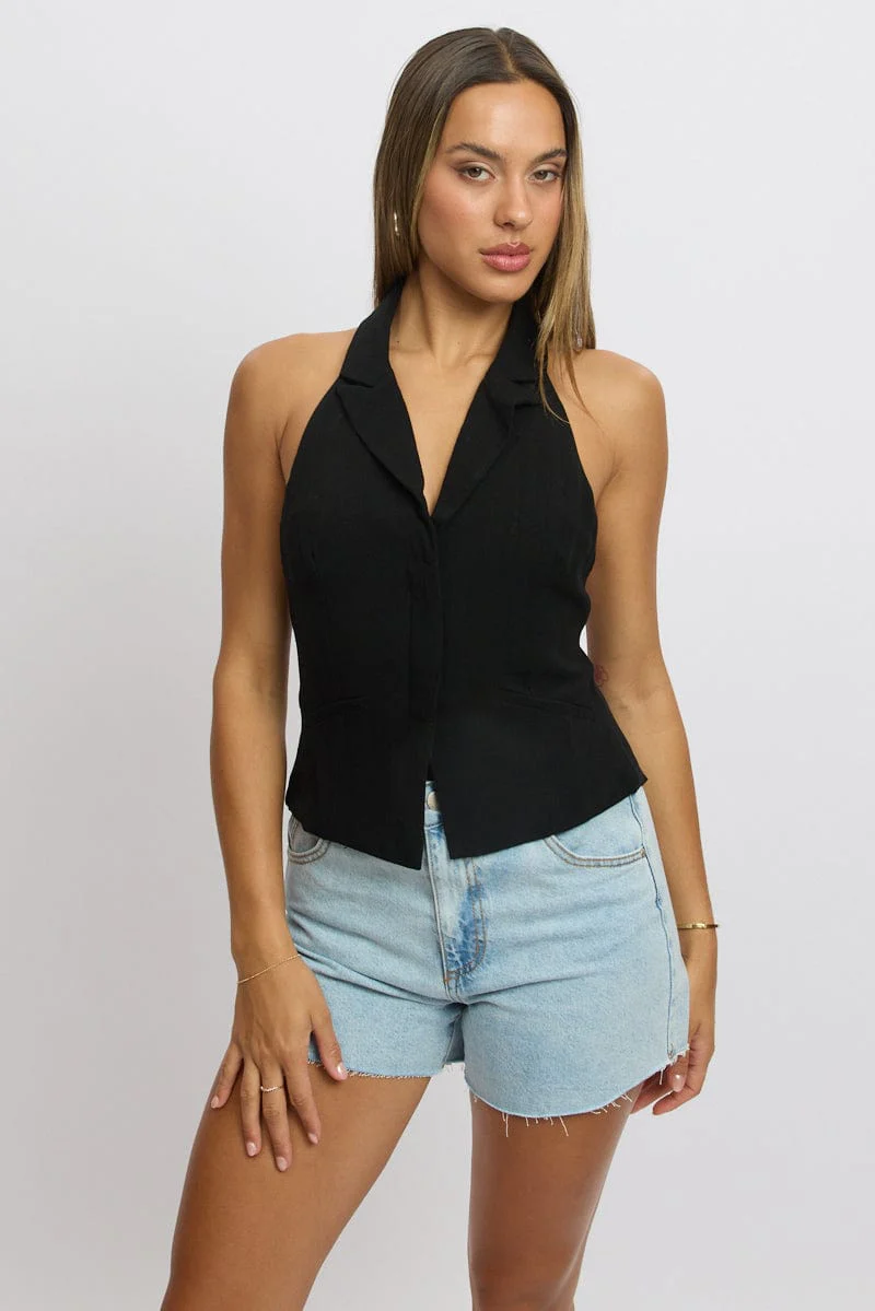 Black Vest Top V Neck Halter Neck Open Back - Image 3