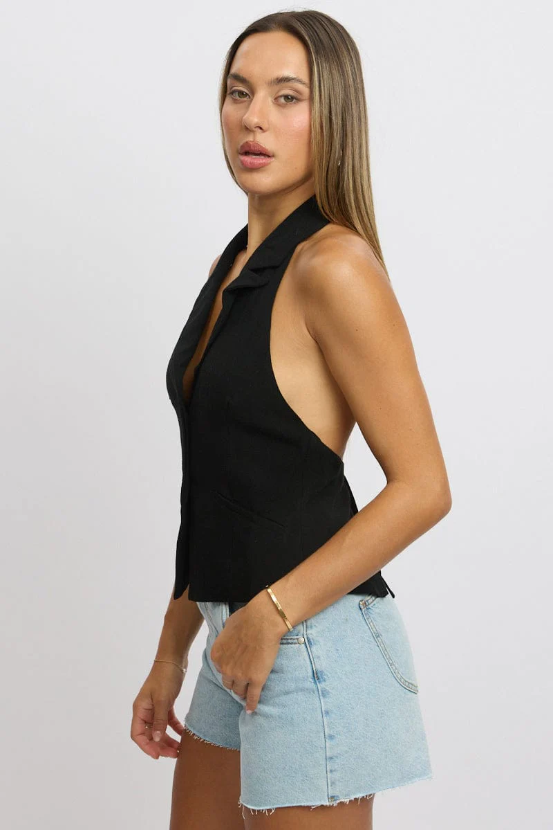 Black Vest Top V Neck Halter Neck Open Back - Image 4