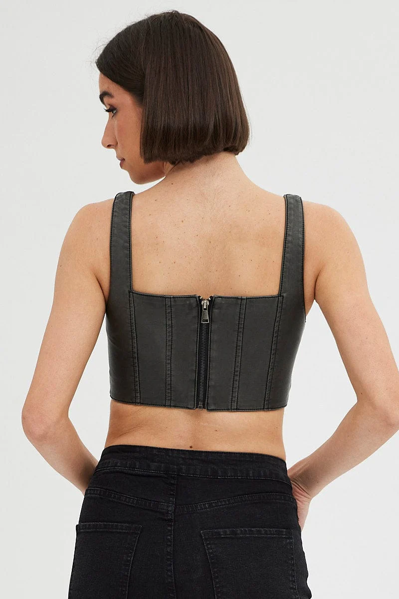 Black Washed Black Faux Leather Top Sleeveless - Image 5