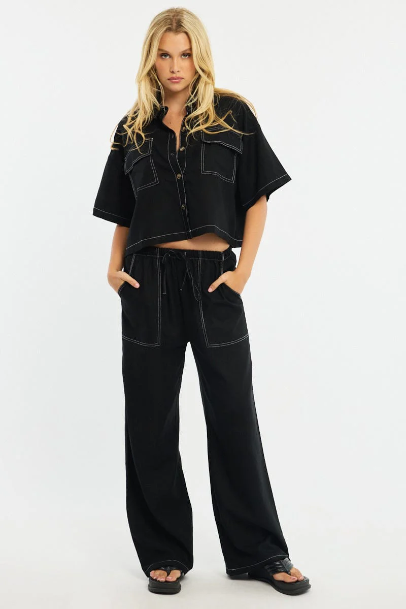 Black Wide Leg Pants Contrast Stitch