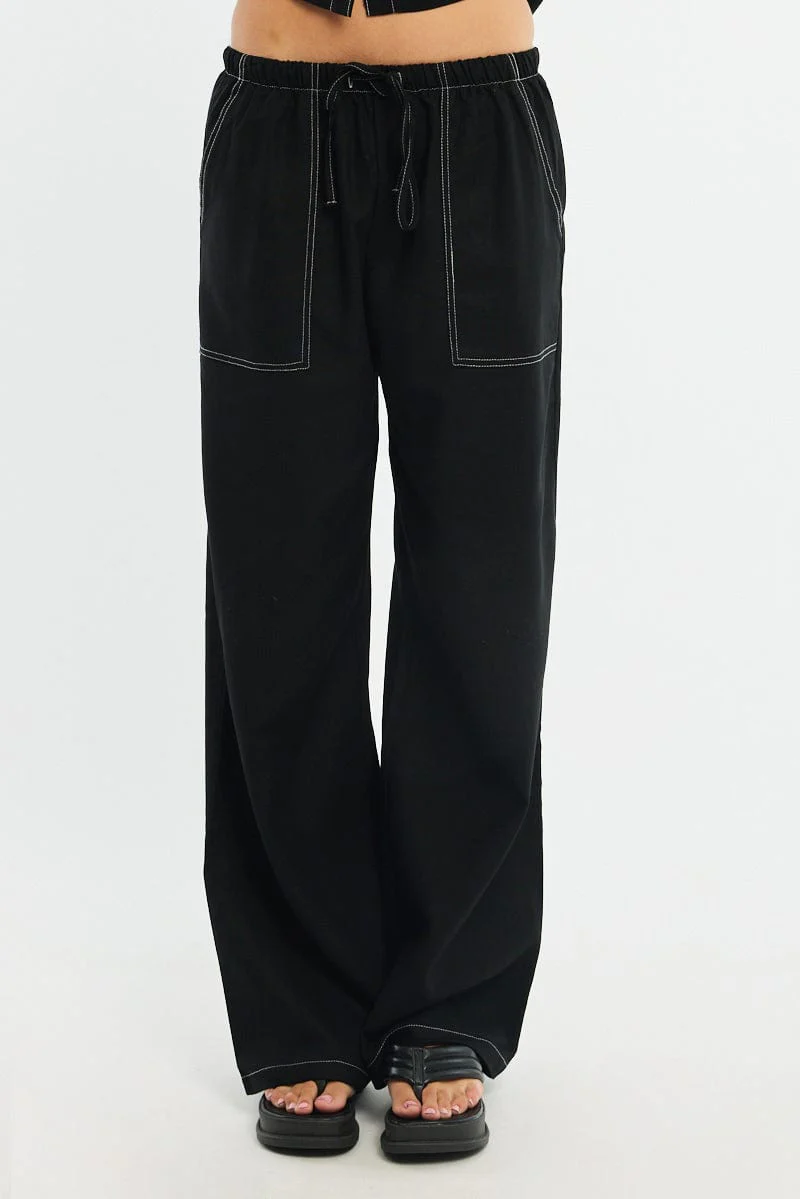 Black Wide Leg Pants Contrast Stitch - Image 2