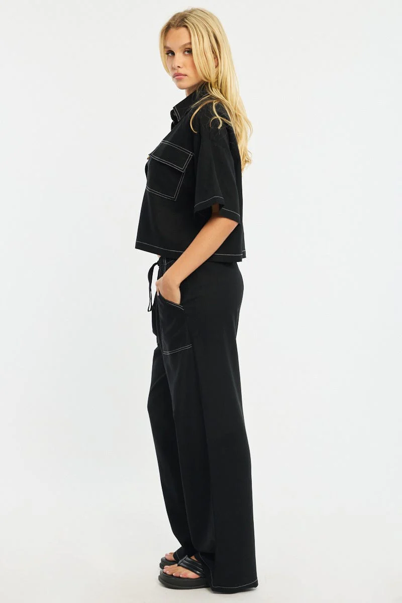 Black Wide Leg Pants Contrast Stitch - Image 3