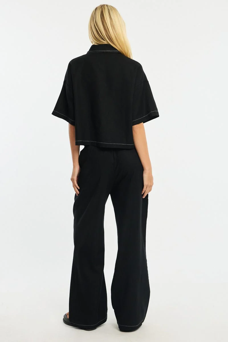 Black Wide Leg Pants Contrast Stitch - Image 4