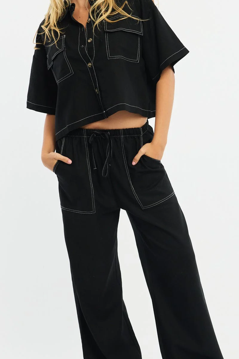 Black Wide Leg Pants Contrast Stitch - Image 5