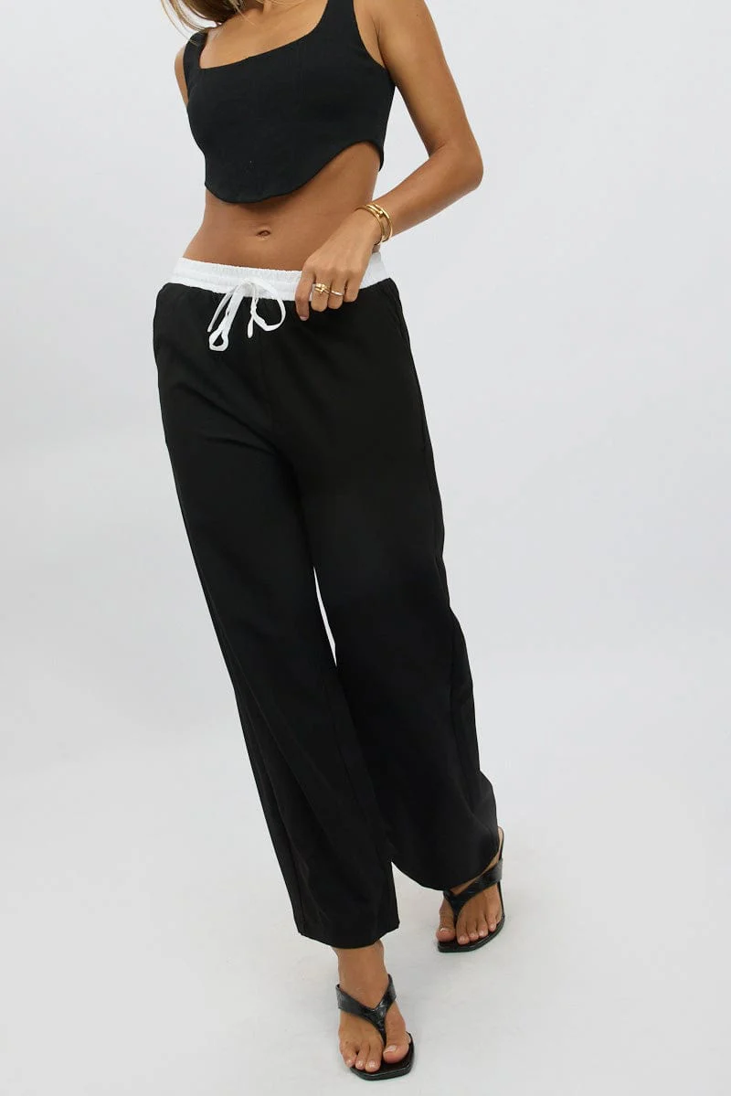 Black Wide Leg Pants Elasticated Contrast Waist - Image 2