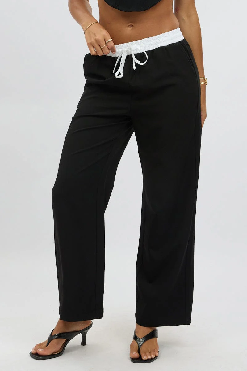 Black Wide Leg Pants Elasticated Contrast Waist - Image 3