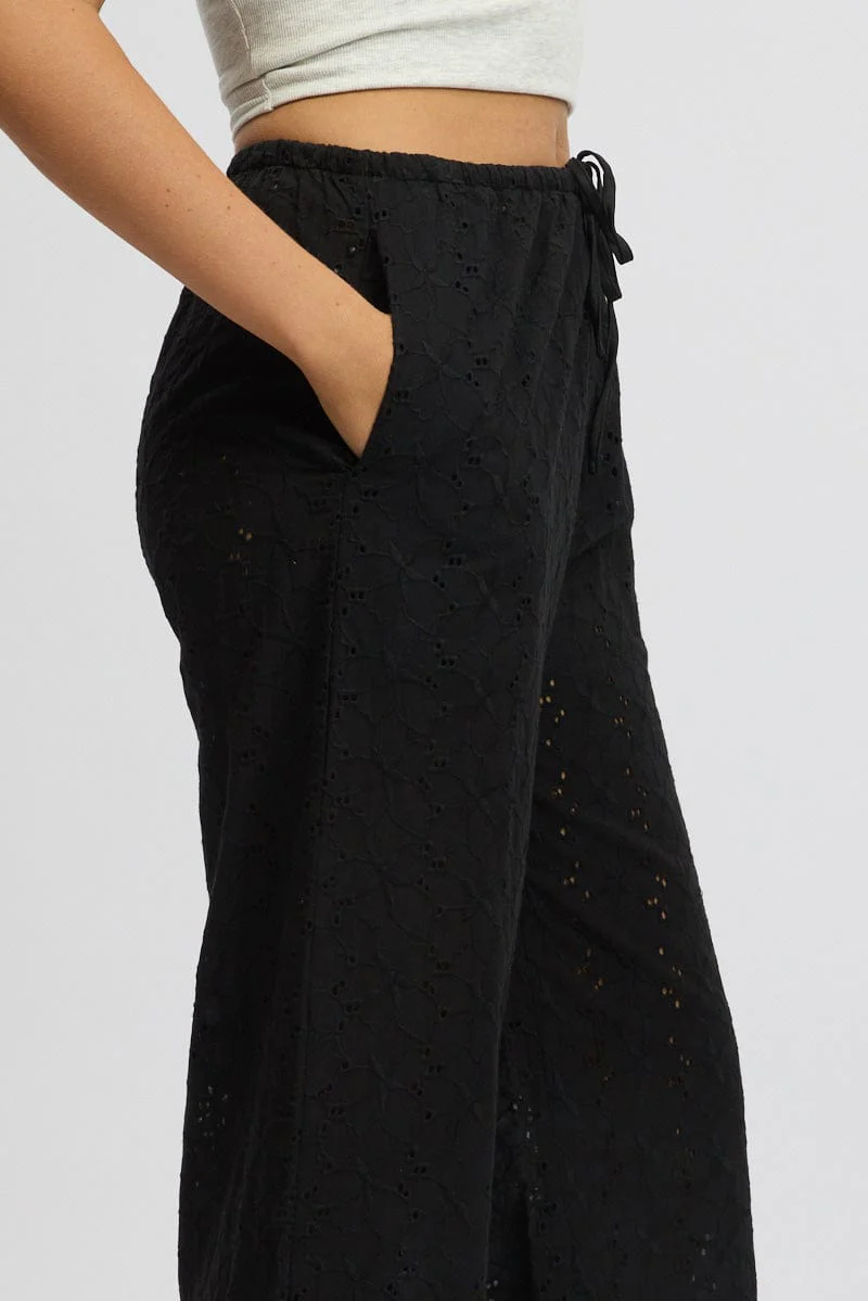 Black Wide Leg Pants High Rise Eyelet Fabric - Image 6
