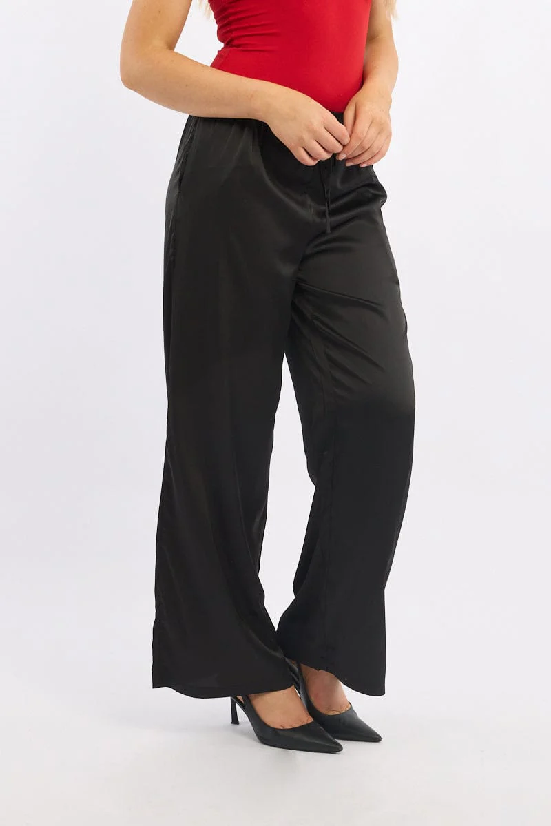 Black Wide Leg Pants High Rise Satin - Image 4