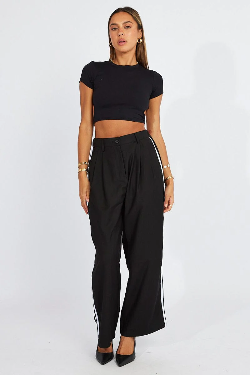 Black Wide Leg Pants Side Stripe - Image 2