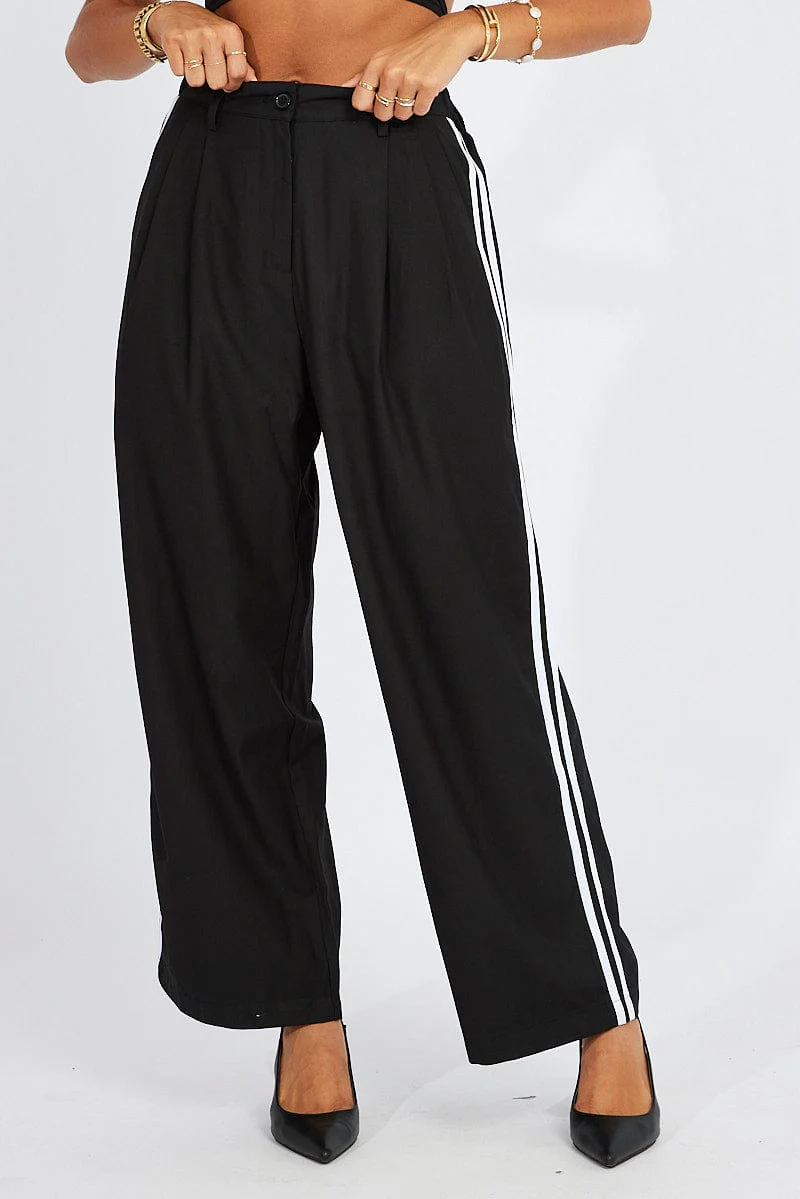 Black Wide Leg Pants Side Stripe - Image 3