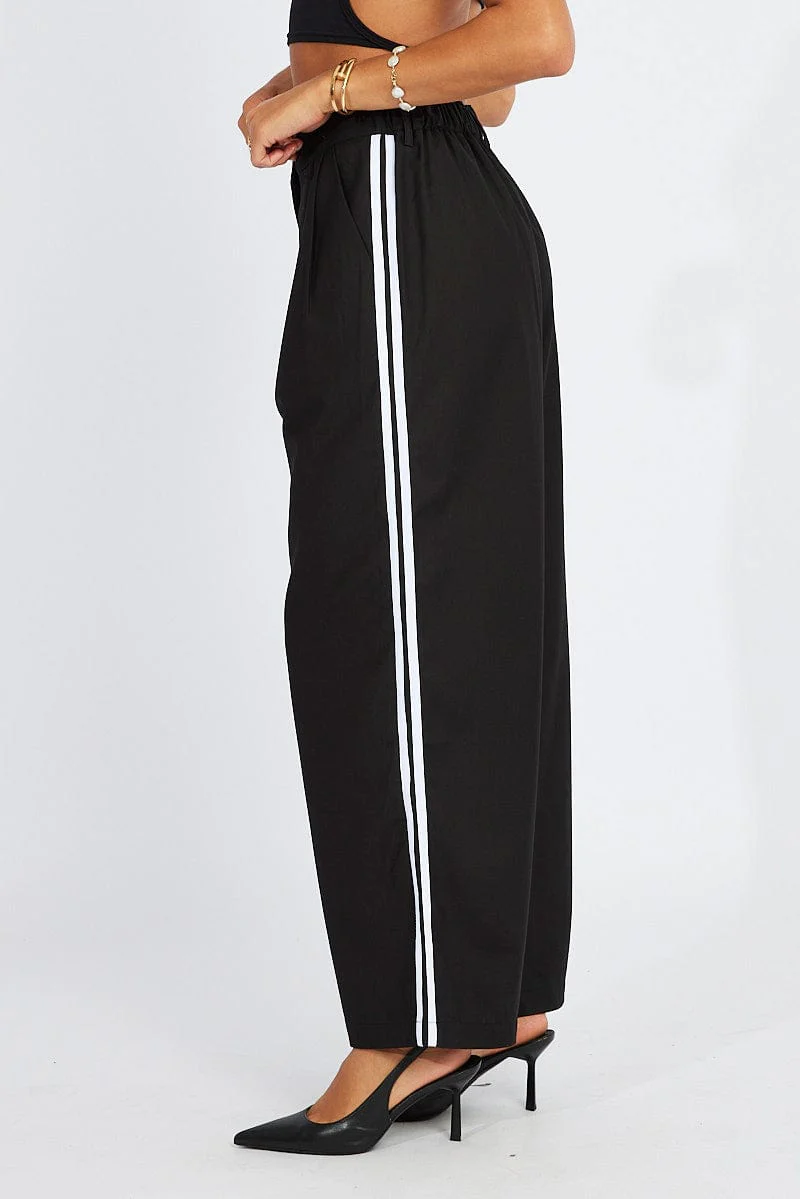 Black Wide Leg Pants Side Stripe - Image 4