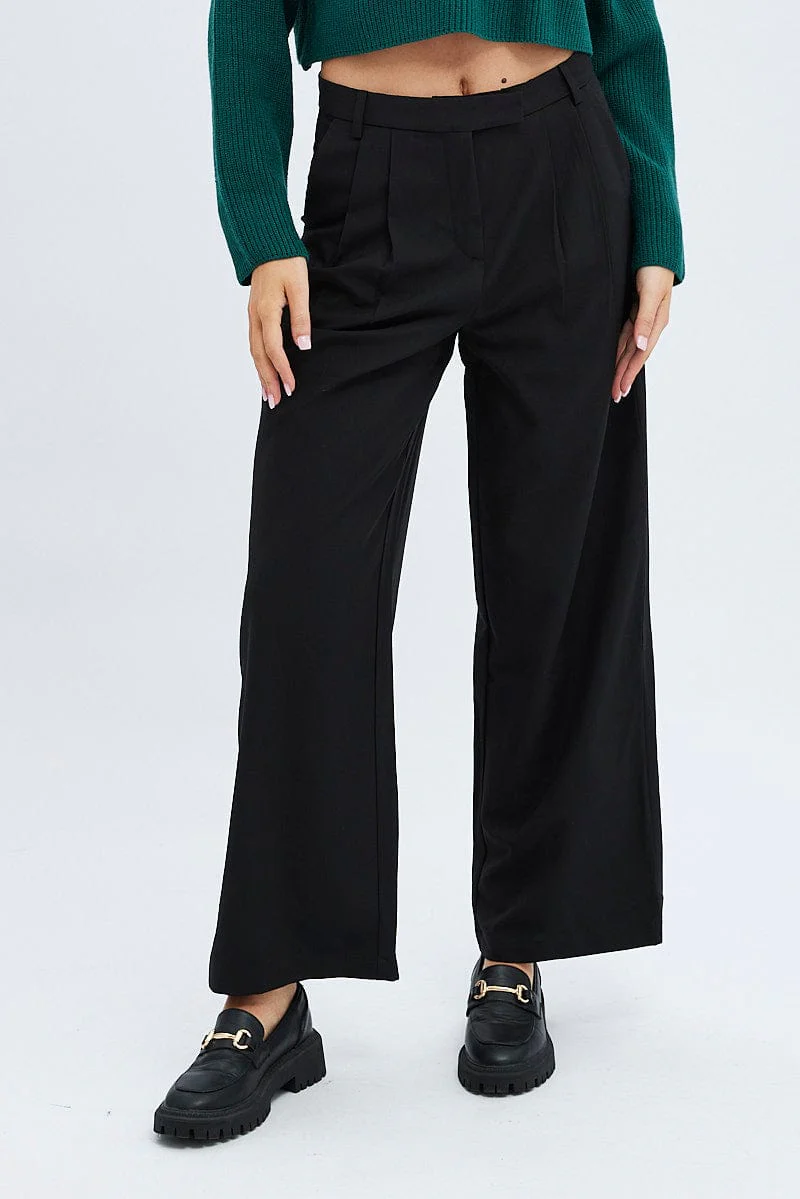 Black Wide Leg Pants Turn Down Waist Low Rise - Image 2