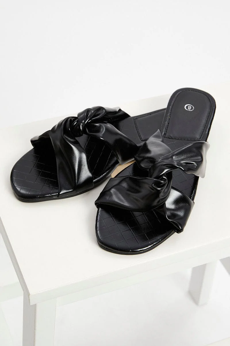 Black Woven Faux Leather Flat Slides - Image 2