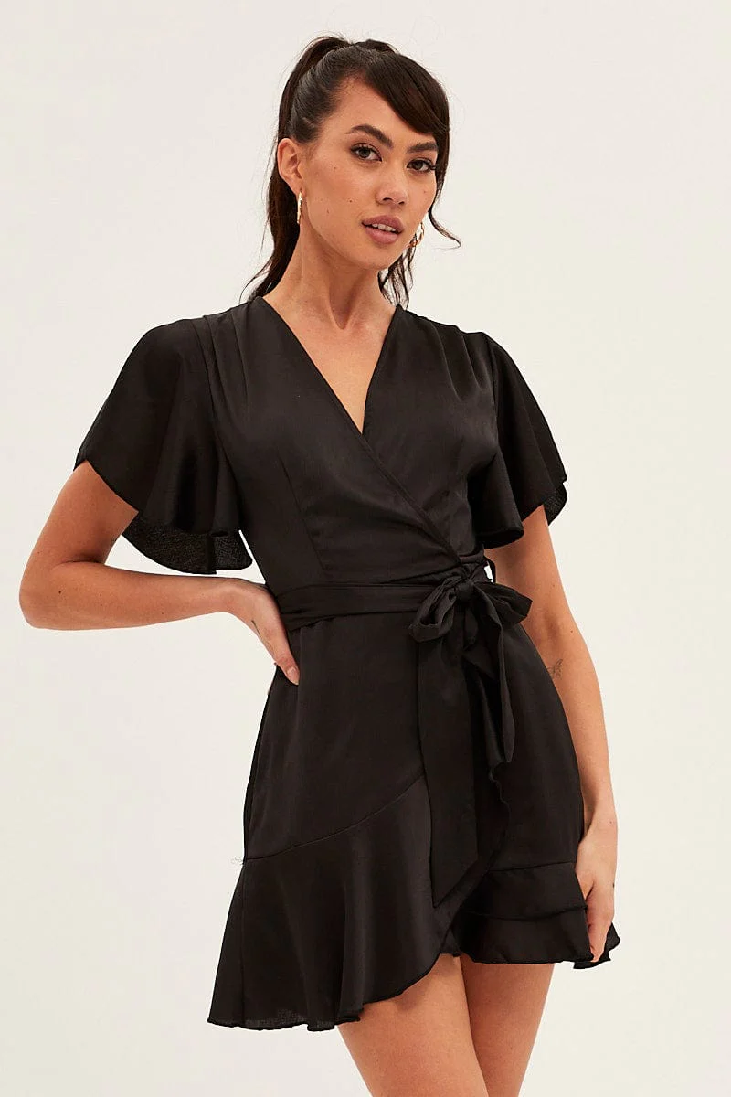 Black Wrap Dress Evening Satin - Image 3