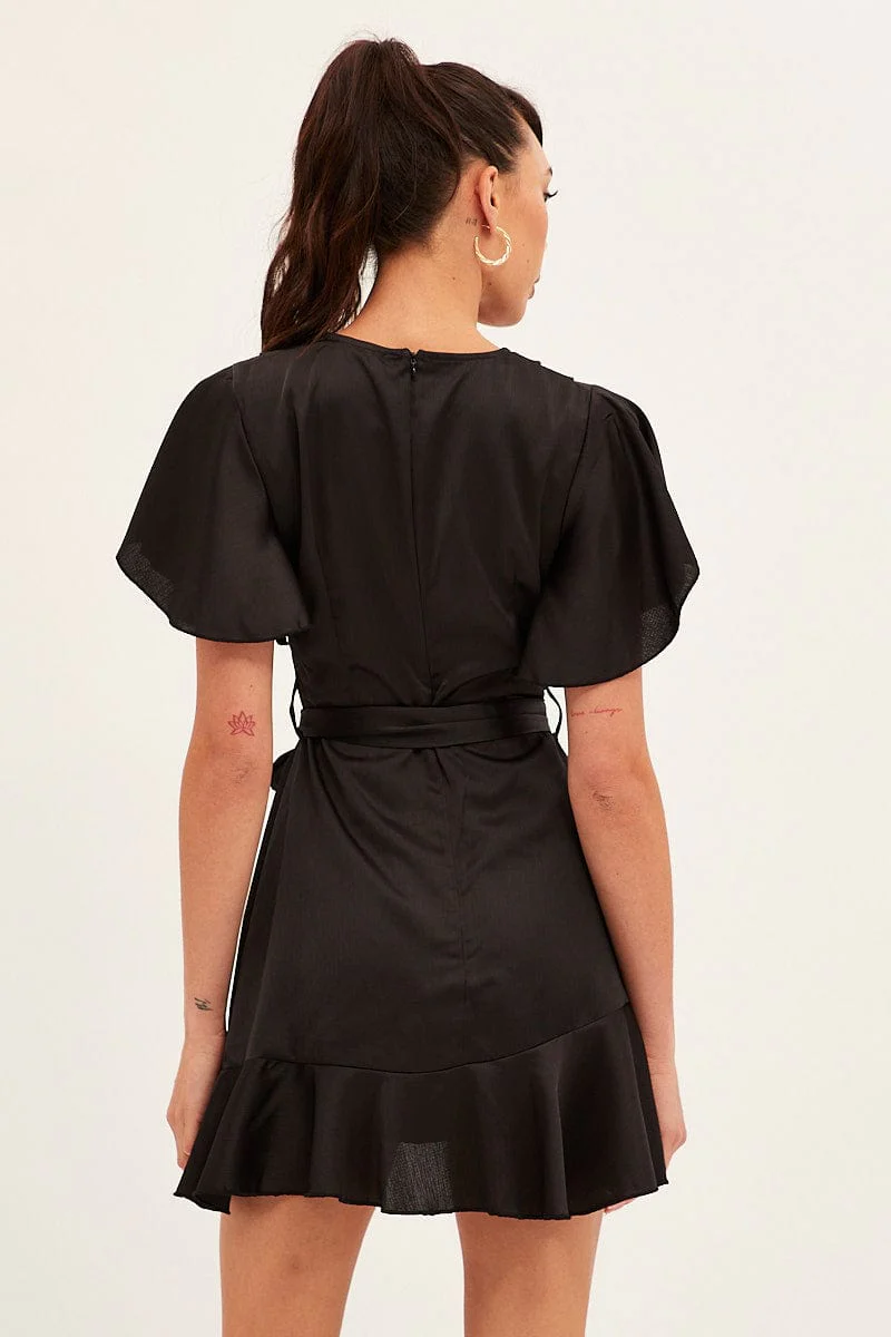 Black Wrap Dress Evening Satin - Image 5