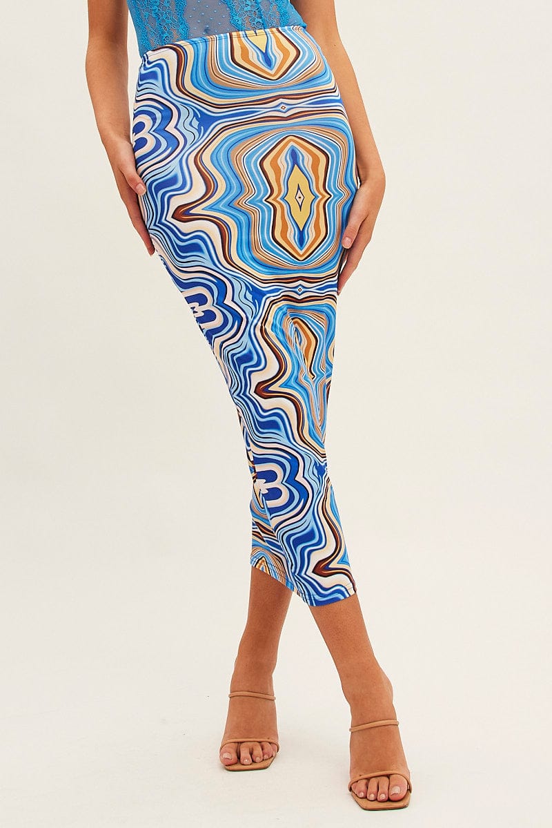 Blue Abstract Abstract Midi Skirt - Image 2