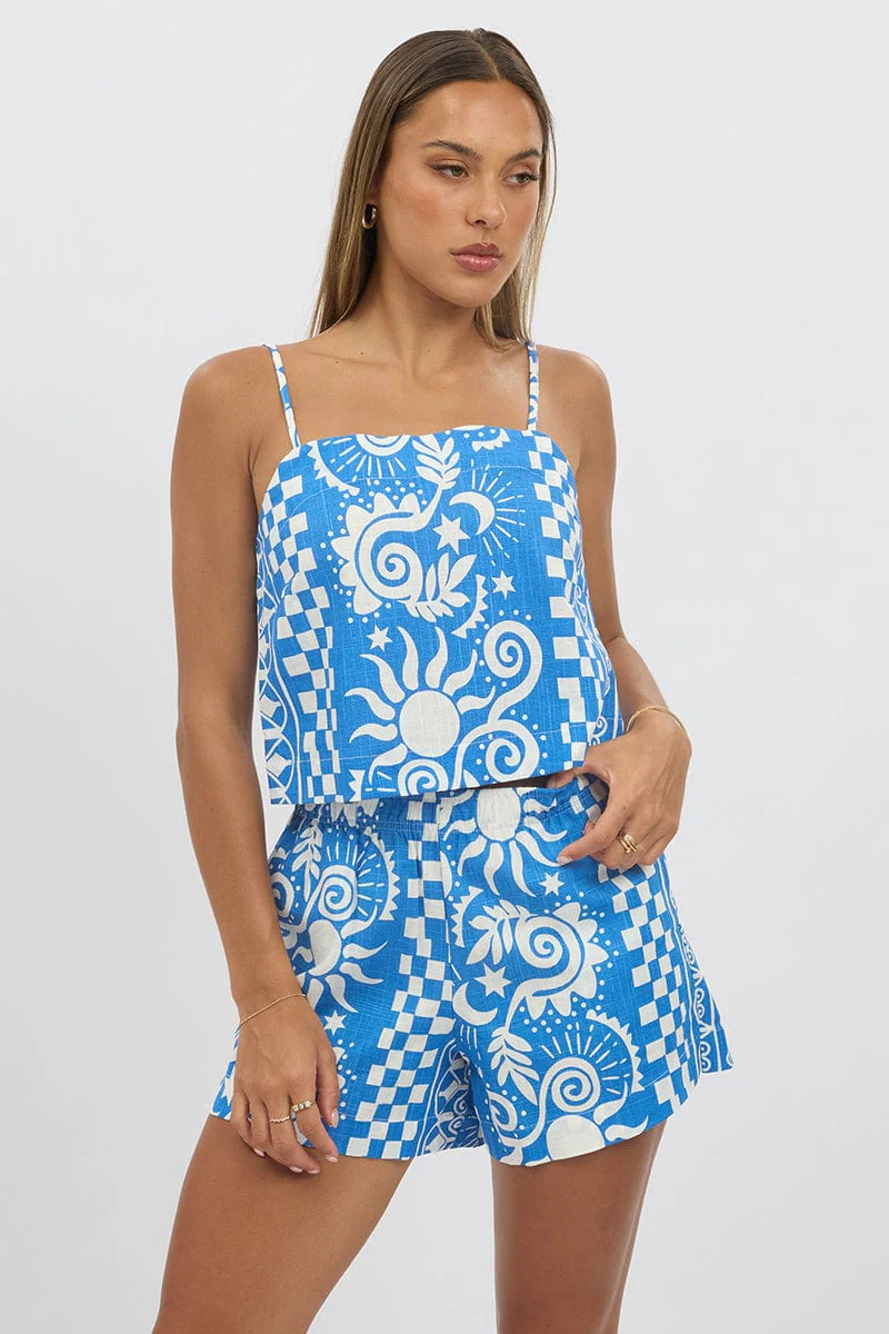Blue Abstract Cami Top Square Neck Linen Blend - Image 3