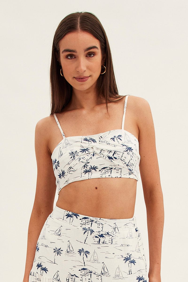 Blue Abstract Crop Top Adjustable Straps Printed Satin - Image 3