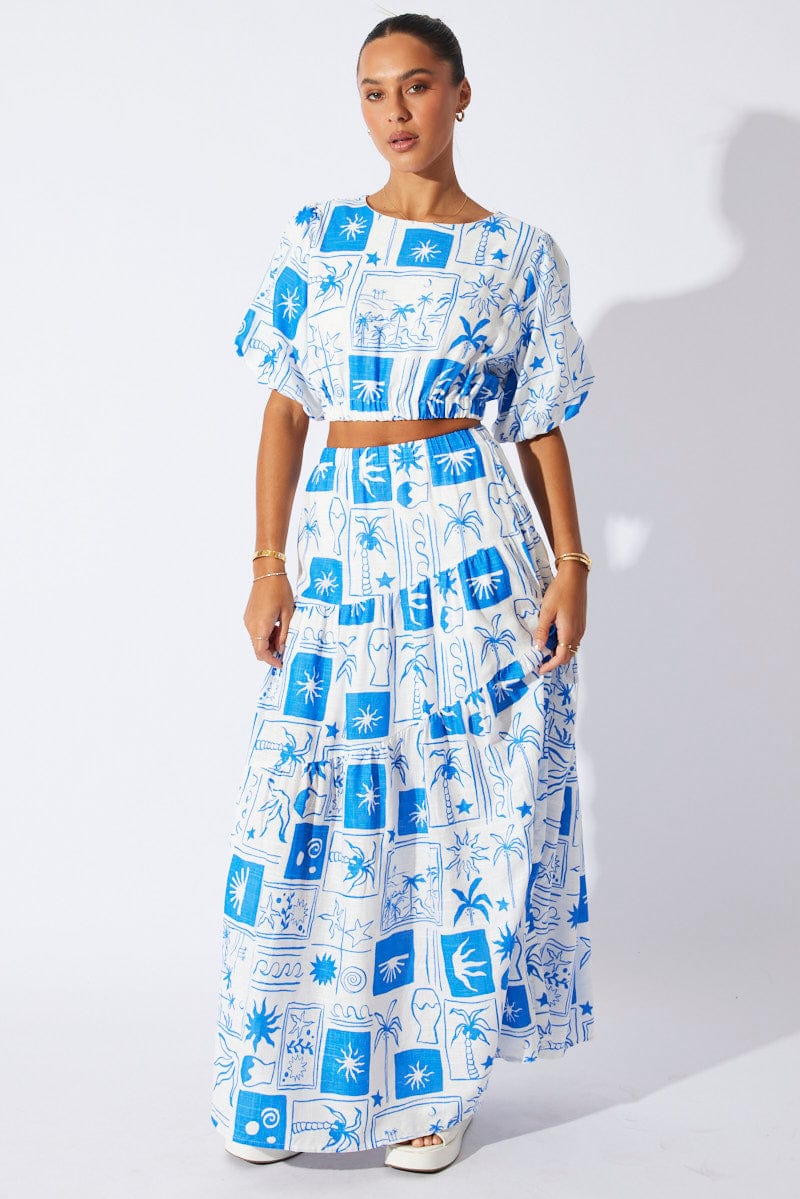 Blue Abstract Crop Top Short Sleeve - Image 2