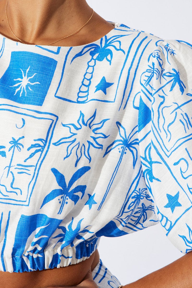 Blue Abstract Crop Top Short Sleeve - Image 6