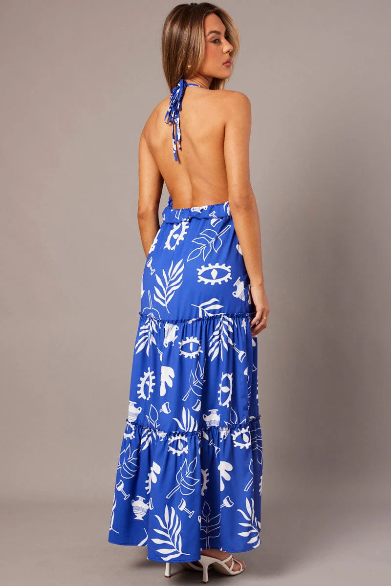 Blue Abstract Maxi Dress Halter Neck Tiered Ruffle Dress - Image 5