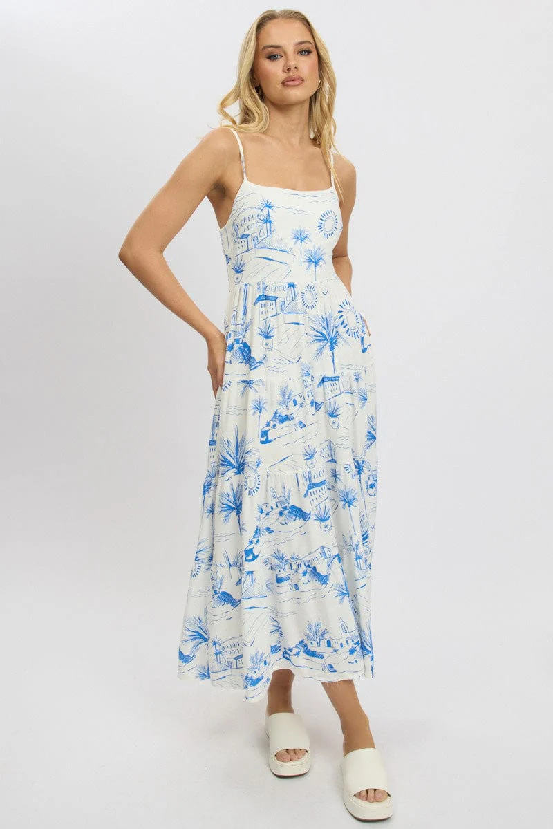 Blue Abstract Maxi Dress Tiered Strappy - Image 3