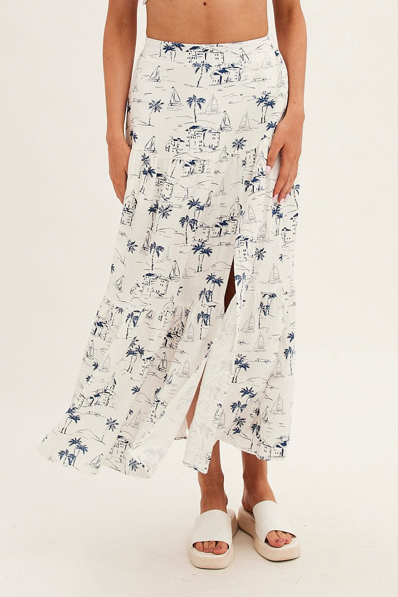 Blue Abstract Maxi Skirt High Waist Split Tiered Printed - Image 2