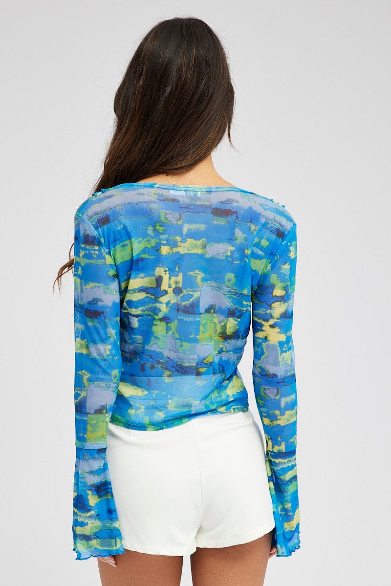 Blue Abstract Mesh Cardigan Long Sleeve - Image 5