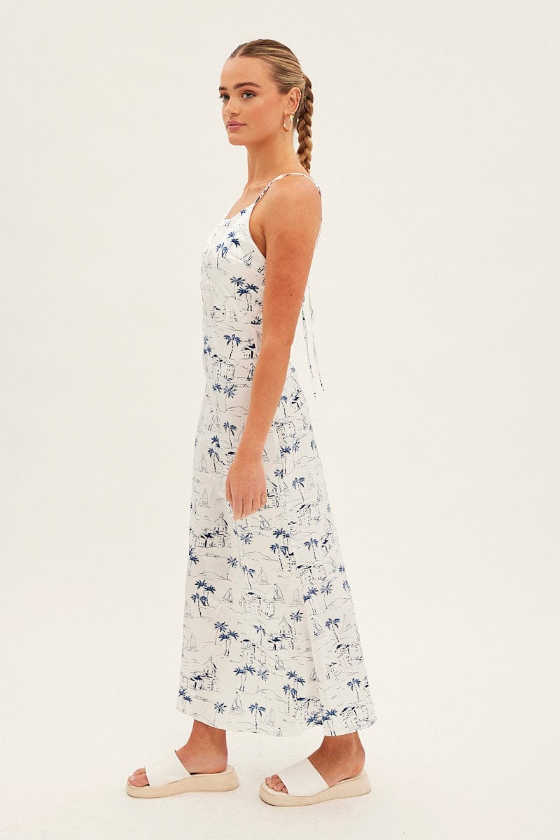 Blue Abstract Midi Dress Sleeveless V Neck Printed Satin - Image 4