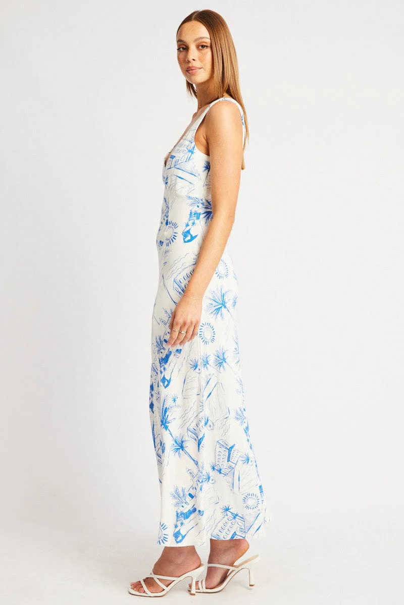 Blue Abstract Midi Dress V Neck Sleeveless - Image 4