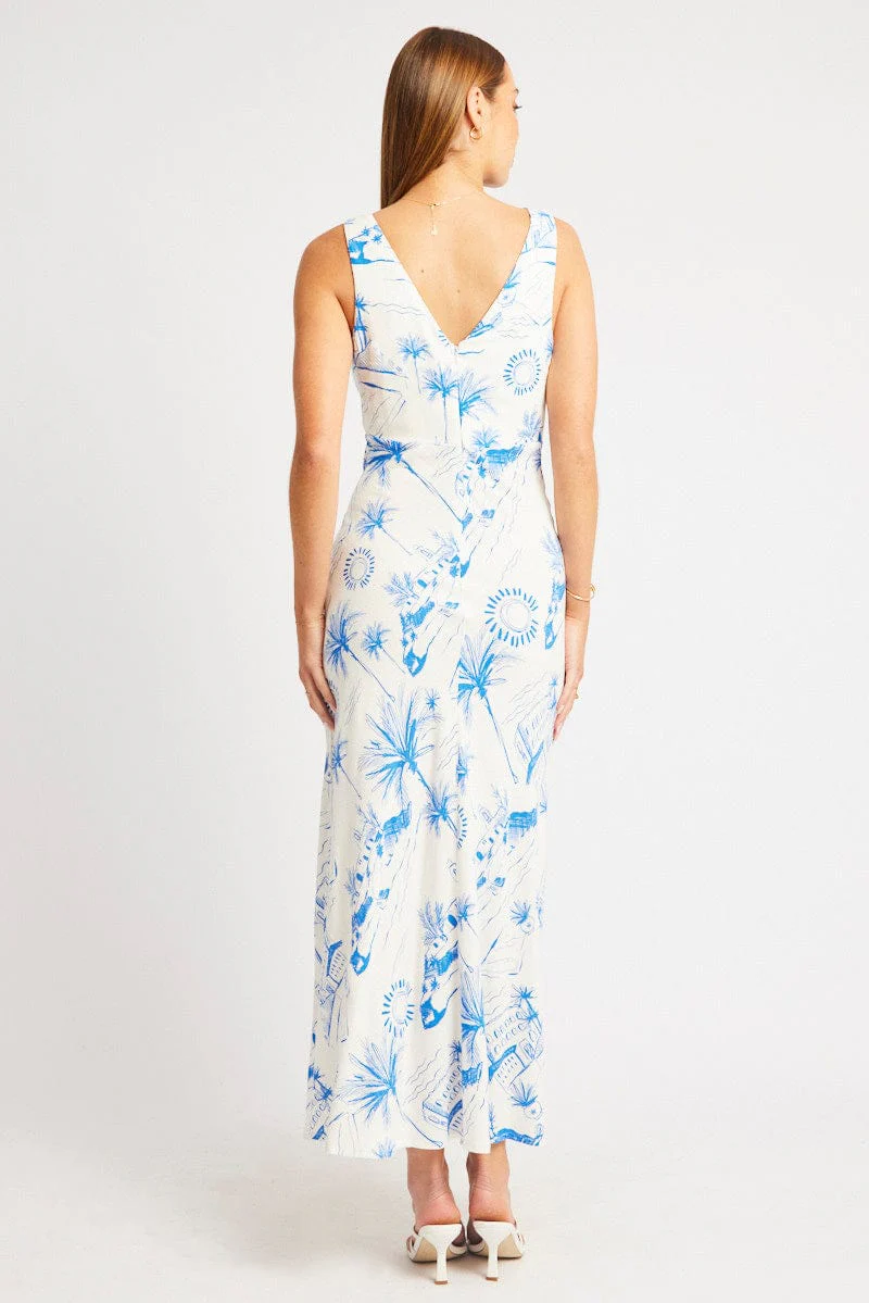 Blue Abstract Midi Dress V Neck Sleeveless - Image 5