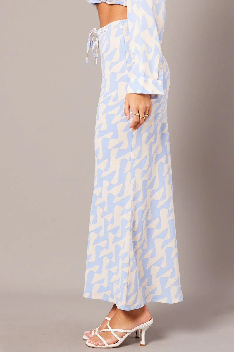 Blue Abstract Slip Skirt Maxi Drawstring Waist - Image 3