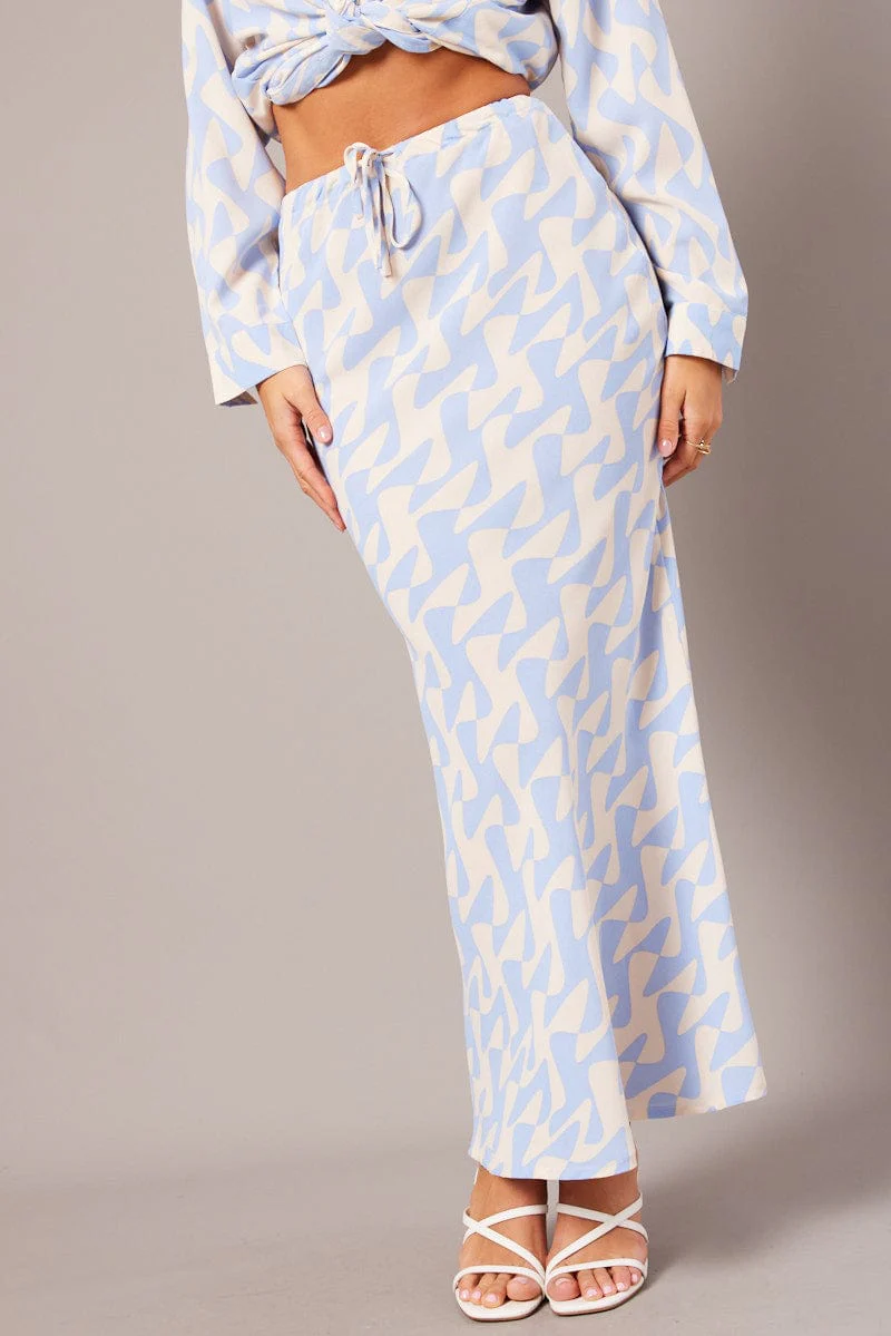 Blue Abstract Slip Skirt Maxi Drawstring Waist - Image 6