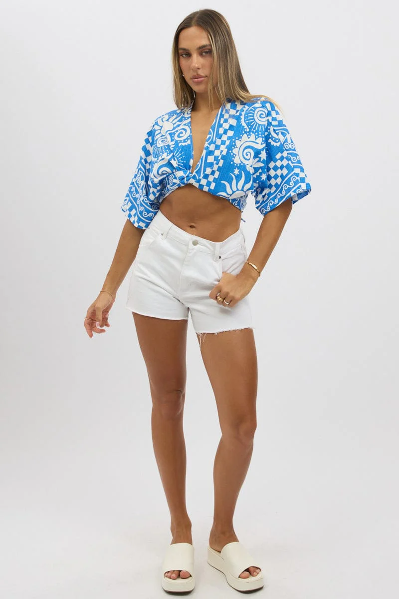 Blue Abstract Tie Up Bolero Short Sleeve - Image 2