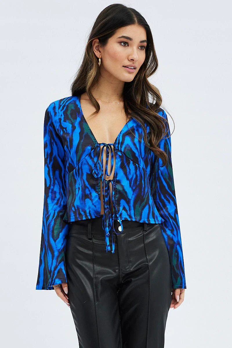 Blue Abstract Top Long Sleeve V-Neck Tie Front - Image 3
