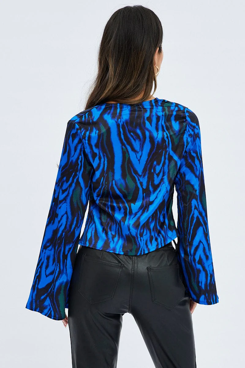Blue Abstract Top Long Sleeve V-Neck Tie Front - Image 5