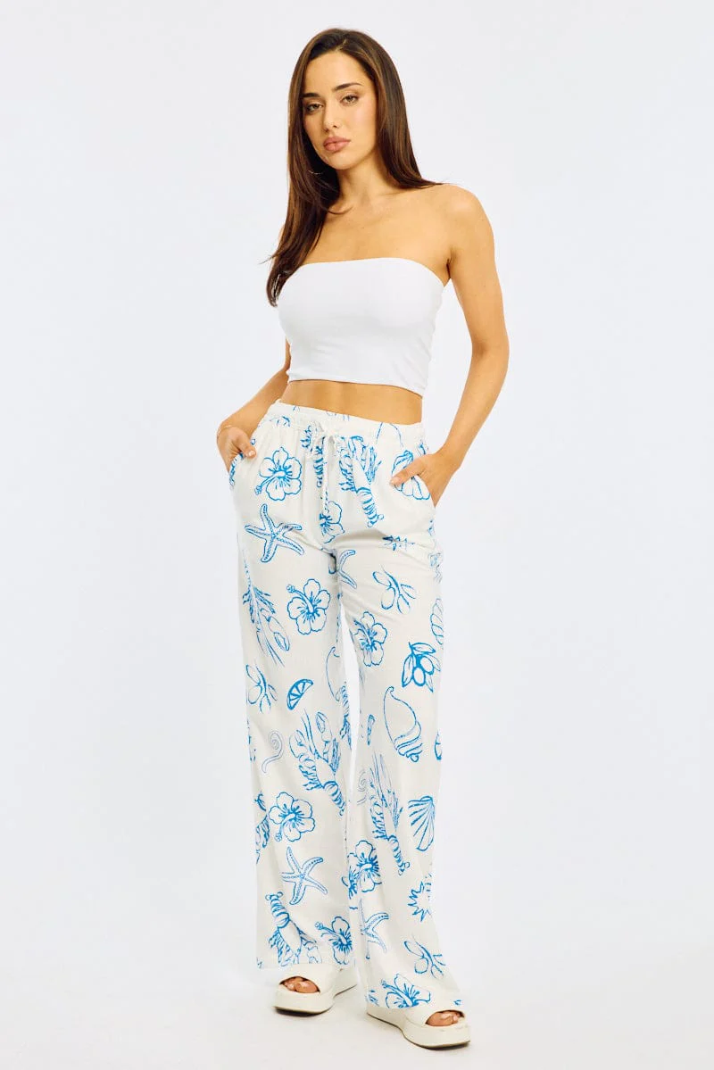 Blue Abstract Wide Leg Pants Elasticated Waist