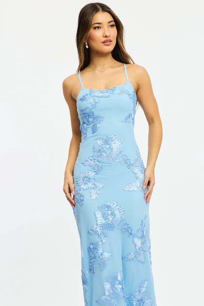 Blue Bodycon Dress Embroidered Mesh - Image 2