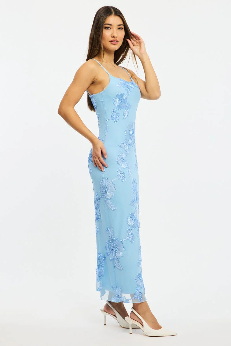 Blue Bodycon Dress Embroidered Mesh - Image 3