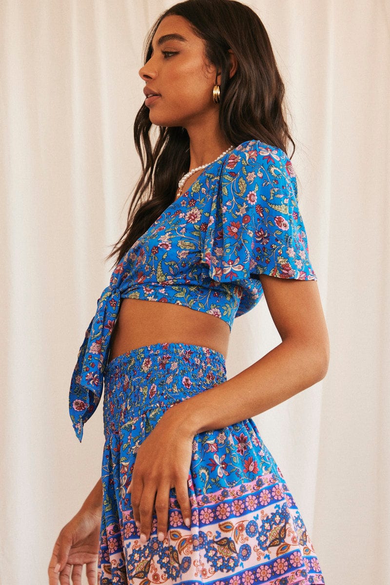 Blue Boho Crop Top Front Tie - Image 4