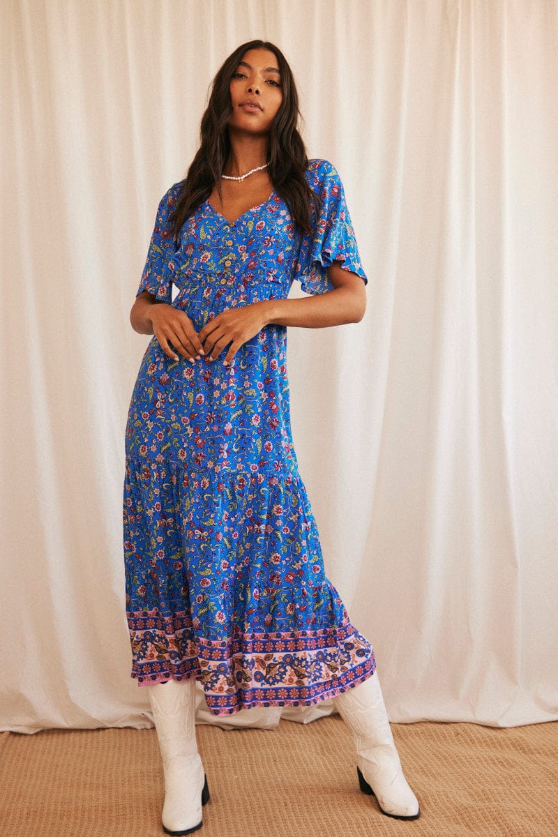 Blue Boho Maxi Dress Short Sleeve V-Neck - Image 3