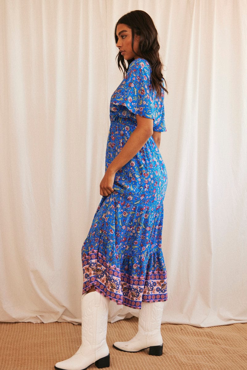 Blue Boho Maxi Dress Short Sleeve V-Neck - Image 4
