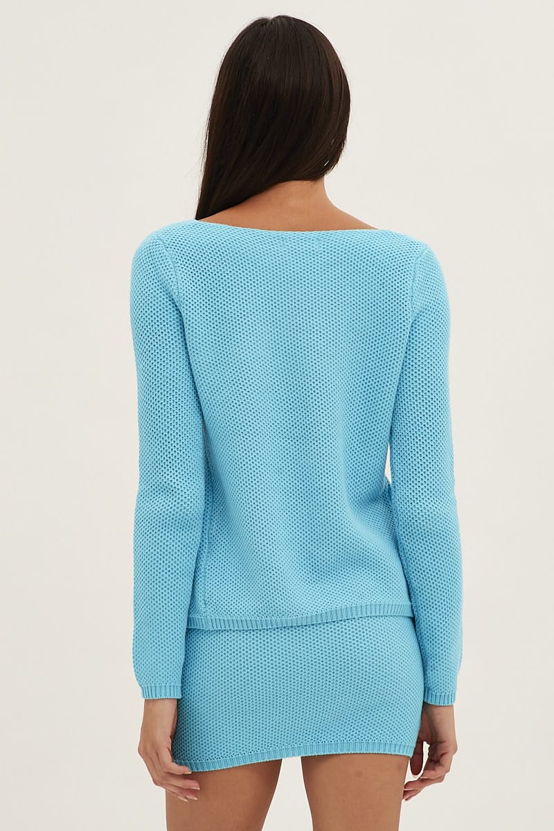 Blue Bolero Long Sleeve V Neck Tie Front Crochet Cotton - Image 5