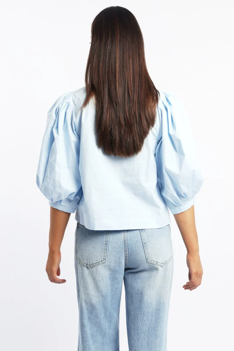 Blue Button Up Blouse Mid Sleeve Round Neck Lace Detail - Image 4