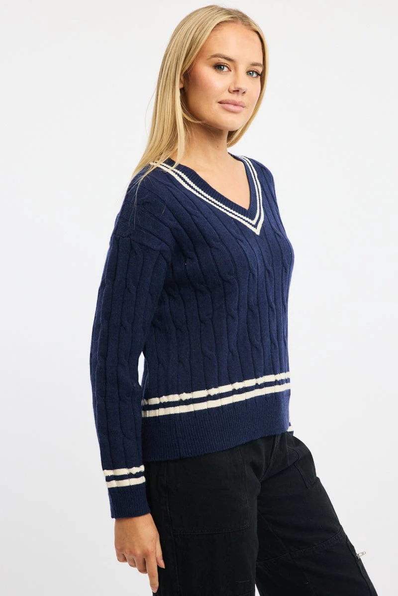 Blue Cable Knit Top Long Sleeve V-neck - Image 3
