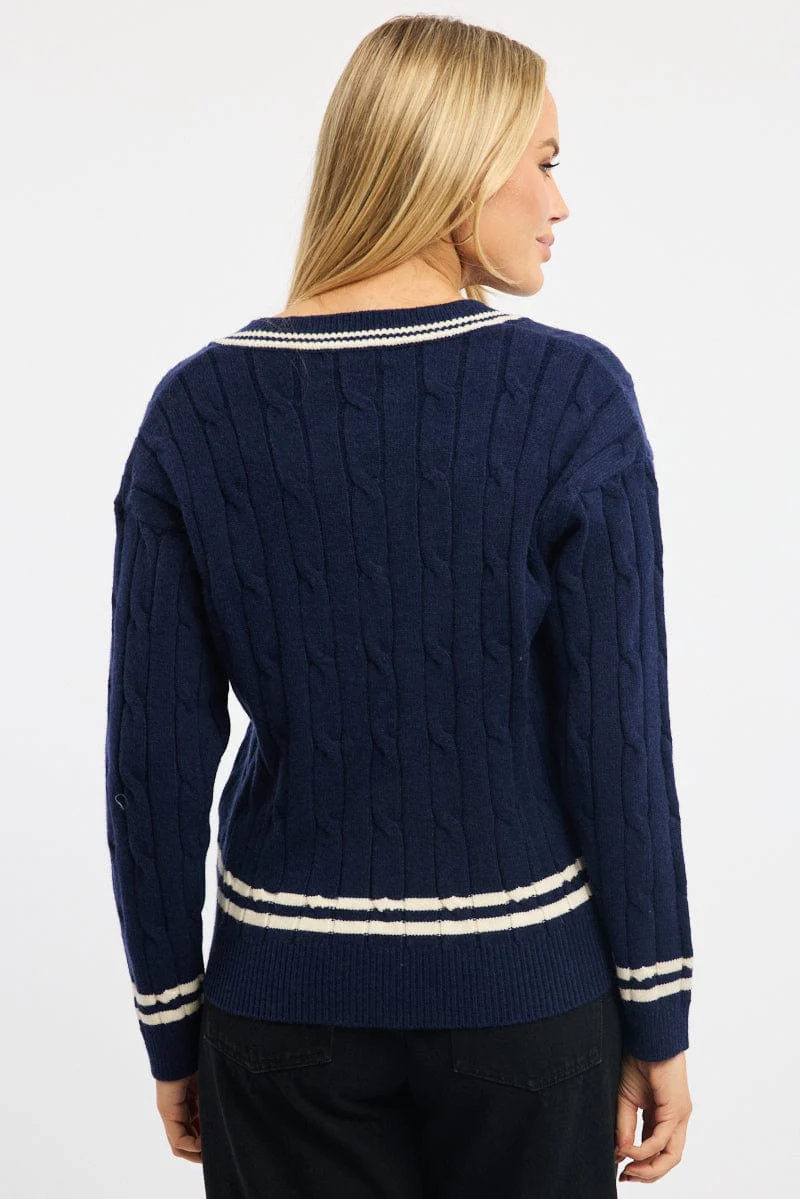 Blue Cable Knit Top Long Sleeve V-neck - Image 4