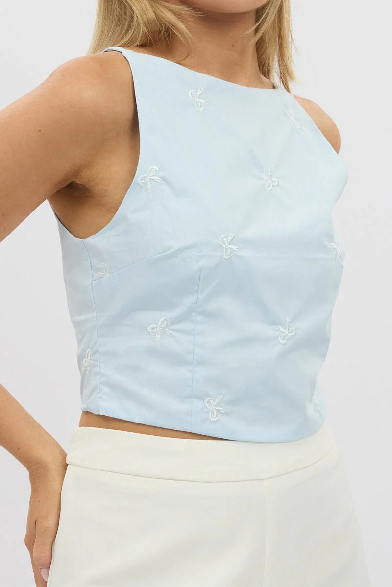 Blue Cami Sleeveless Boat Neck Bow Embroidered - Image 6